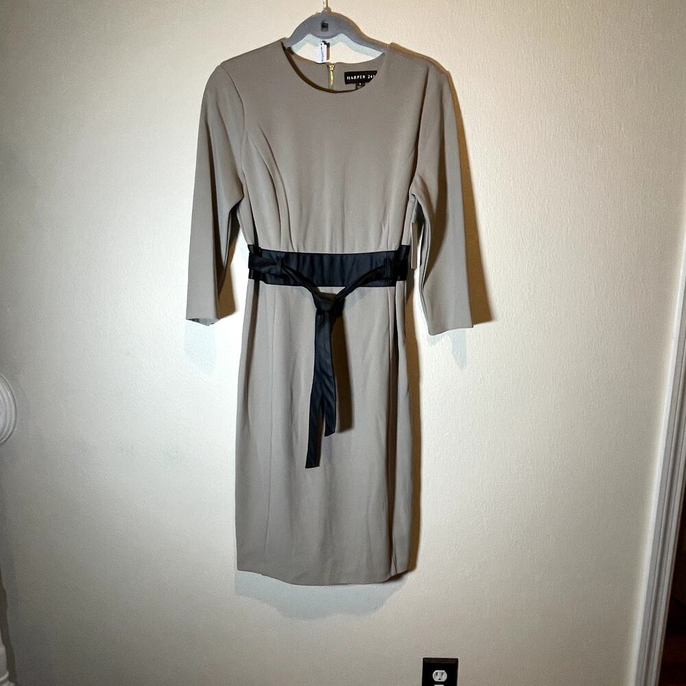Harper 241, Size 6, Taupe Dress with Faux Leather Belt